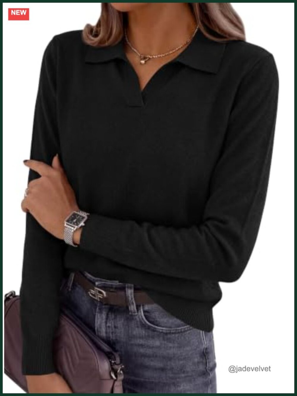 Long Sleeve V-Neck Collared Polo Sweater Loose Knit